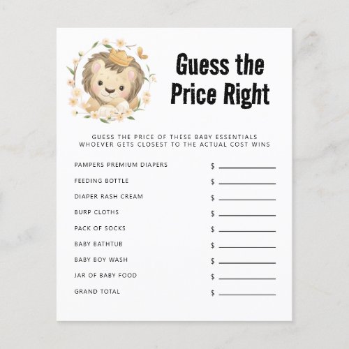 Lion king Guess The Price Right Baby Shower Game