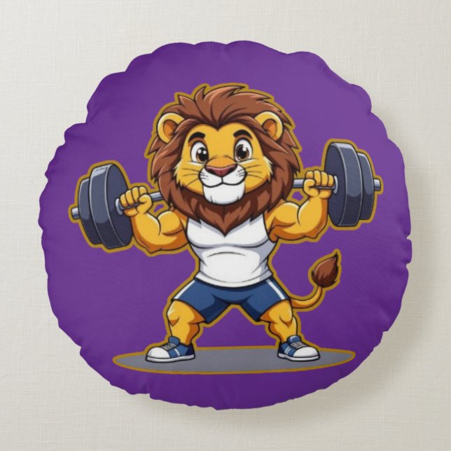 Lion Lifting Light Weights – Cute Gym Animal Illus Round Pillow (Front)
