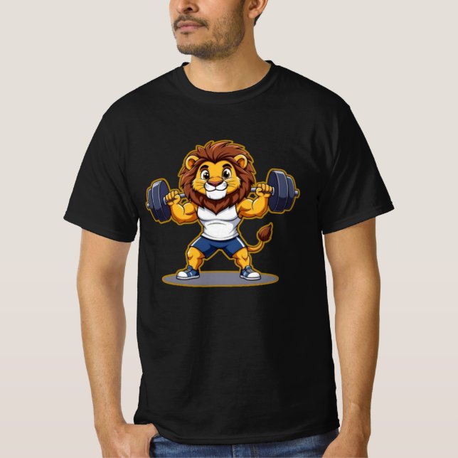 Lion Lifting Light Weights – Cute Gym Animal Illus T-Shirt (Front)