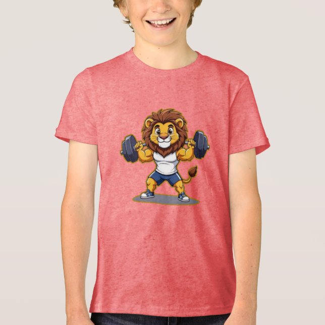 Lion Lifting Light Weights – Cute Gym Animal Illus Tri-Blend Shirt (Front)