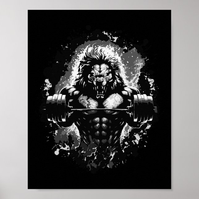 Lion Lifting Weights Gym Beast Workout Muscles Bod Poster (Front)