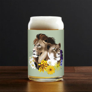 Lion Lioness Floral Green Can Glass