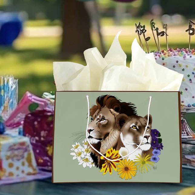 Lion Lioness Floral Green  Large Gift Bag (Creator Uploaded)