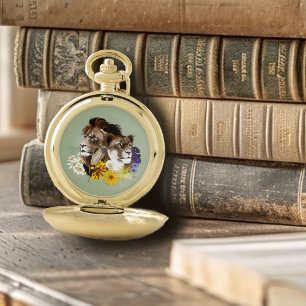 Lion Lioness Floral Green Pocket Watch