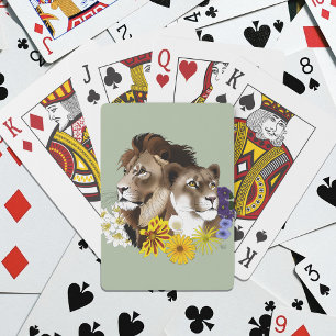 Lion Lioness Floral Green  Poker Cards
