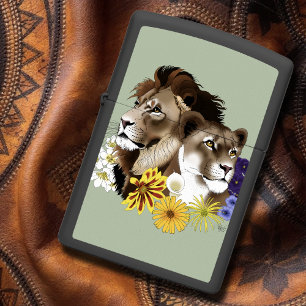 Lion Lioness Floral Green Zippo Lighter