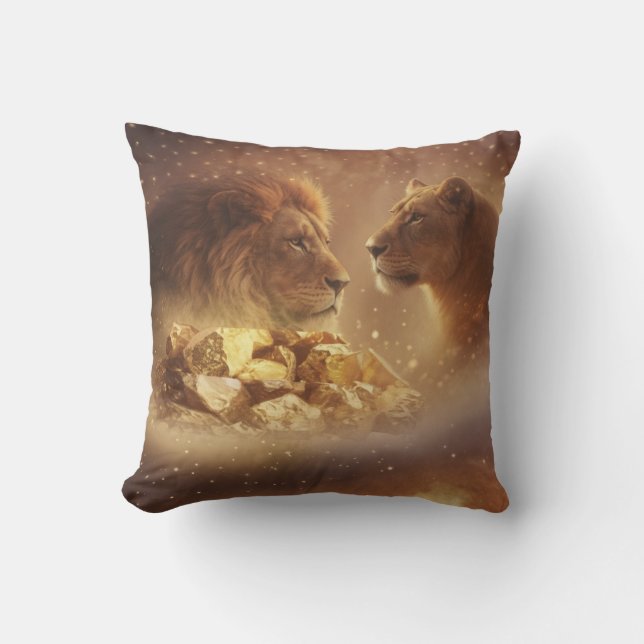 Lion & Lioness Gold Glow — Pillow (Front)