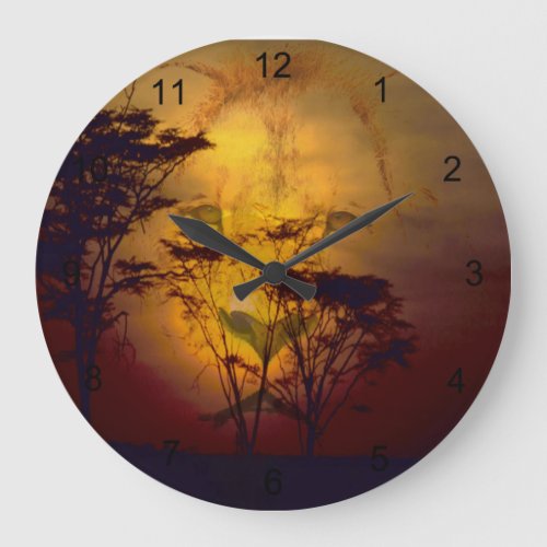 Lion Looking Over African Sunset Large Clock