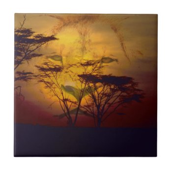 Lion Looking Over African Sunset Tile by Iggys_World at Zazzle