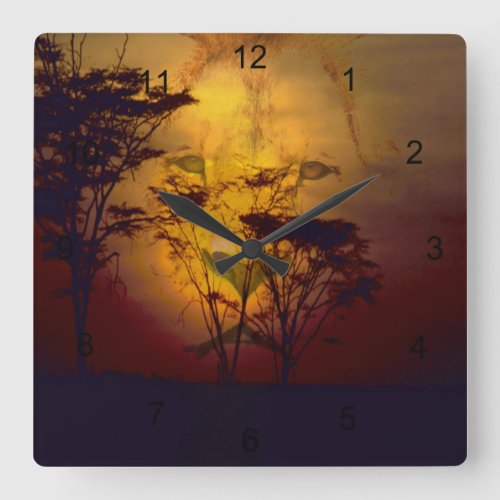 Lion Looking Over Sunset Square Wall Clock