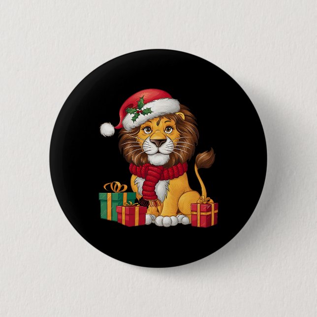 Lion Lover Xmas Holiday Santa Lion Christmas  Button (Front)