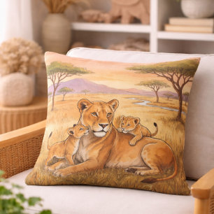 Lion Mama And Cub Safari Animals Throw Pillow