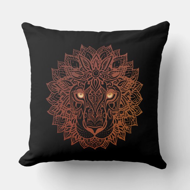 Lion Mandala Ornamental, Hand Drawn Lion Mandala Throw Pillow (Front)