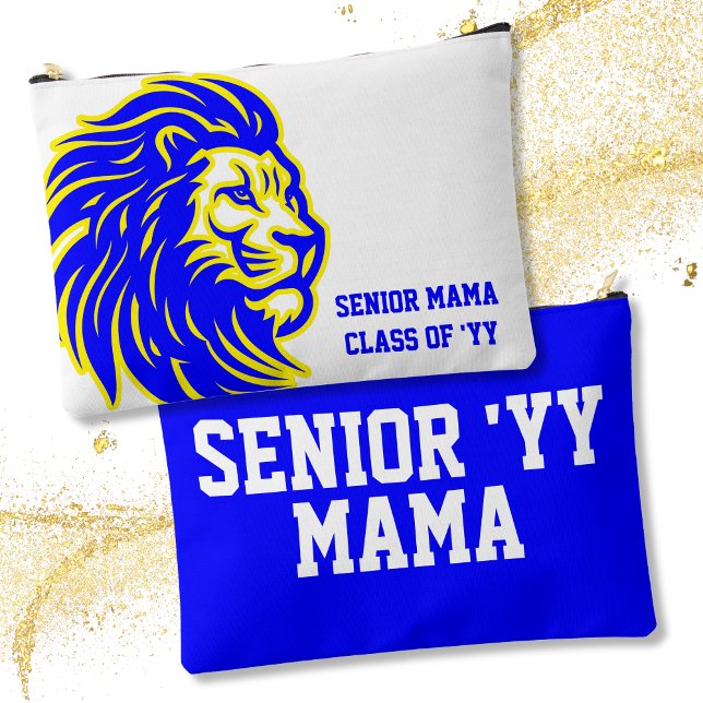 Lion Mascot High School Senior Mom Blue and Yellow Accessory Pouch (Creator Uploaded)
