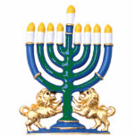 Lion Menorah Keychain<br><div class="desc">Acrylic photo sculpture keychain with an image of a blue,  green and gold menorah with nine lighted candles and two gold lions at the base. See matching acrylic photo sculpture pin,  magnet,  ornament and sculpture. See the entire Hanukkah Keychain collection under the ACCESSORIES category in the HOLIDAYS section.</div>