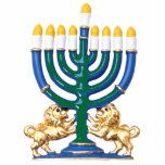 Lion Menorah Sculpture<br><div class="desc">Acrylic photo sculpture of a blue,  green and gold menorah with nine lighted candles and two gold lions at the base. See matching acrylic photo sculpture pin,  keychain,  magnet and ornament. See the entire Hanukkah Photo Sculpture collection under the HOME category in the HOLIDAYS section.</div>