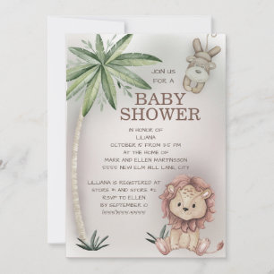 Lion Monkey Tropical Palm Tree Safari Baby Shower Invitation