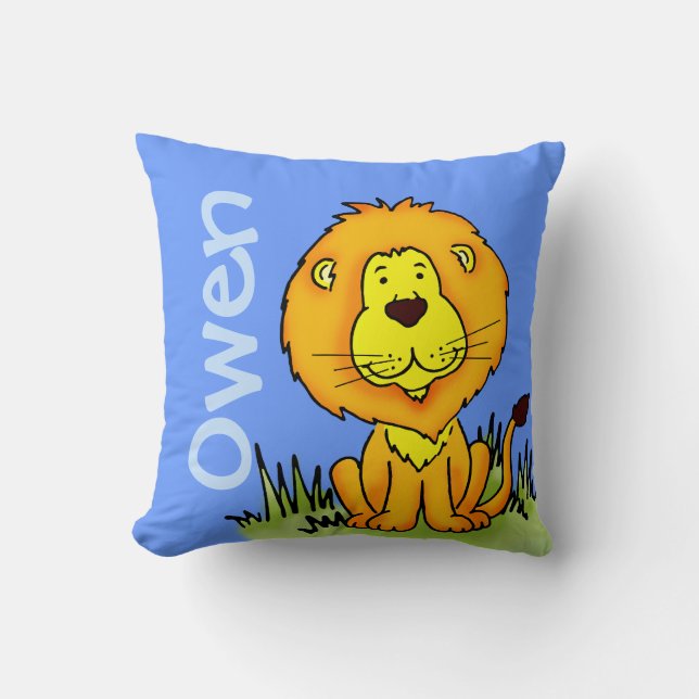 Lion name and birth newborn blue square pillow (Front)
