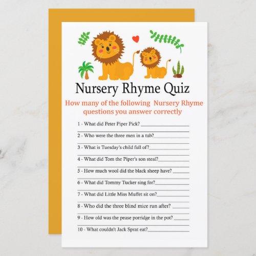 Lion Nursery Rhyme Quiz baby shower game