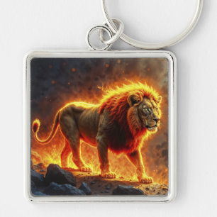 Lion of flames burning volcano fire fantasy art keychain