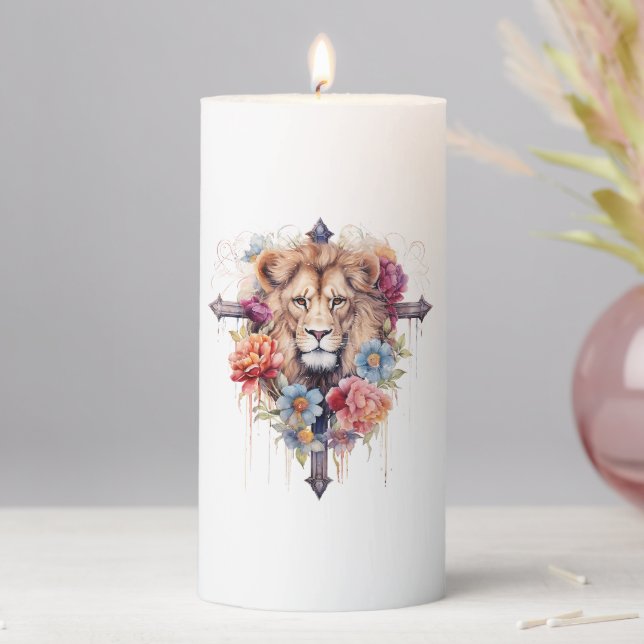 Lion Of God Jesus Christian Cross Wild Flowers Pillar Candle (In Situ)