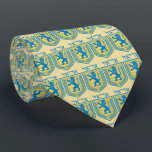 Lion of Judah Emblem Ariel Hebrew Tie<br><div class="desc">Men’s gold tie with an image of blue and yellow Lion of Judah emblems with “Ariel” in Hebrew above them in blue letters. See the entire Hanukkah Tie collection under the ACCESSORIES category in the HOLIDAYS section.</div>