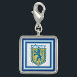 Lion of Judah Emblem Jerusalem Hebrew Charm<br><div class="desc">Square sterling silver-plated charm with an image of a blue and yellow Lion of Judah emblem on white with light blue and dark blue borders. See matching square button, large round premium metal keychain, square double-sided acrylic keychain, round necklace and wrist watch. See the entire Hanukkah Charm collection under the...</div>