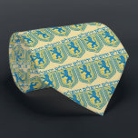 Lion of Judah Emblem Jerusalem Hebrew Neck Tie<br><div class="desc">Men’s gold tie with an image of blue and yellow Lion of Judah emblems with "Jerusalem" in Hebrew above them in blue letters. See the entire Hanukkah Tie collection under the ACCESSORIES category in the HOLIDAYS section.</div>