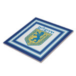 Lion of Judah Emblem Jerusalem Hebrew Tile<br><div class="desc">Square ceramic tile with an image of a blue and yellow Lion of Judah emblem and wide double blue borders trimmed in light blue on white. See matching mug,  paper plate and coasters. See the entire Hanukkah Tile collection under the HOME category in the HOLIDAYS section.</div>