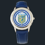 Lion of Judah Emblem Jerusalem Hebrew Watch<br><div class="desc">Kids’ stainless steel blue leather strap watch with an image of a blue and yellow Lion of Judah emblem on white with light blue and dark blue borders. Optional silver clock face. See matching square button, square charm, large round premium metal keychain, square double-sided acrylic keychain and round necklace. See...</div>