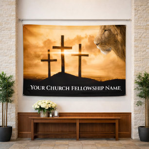 Lion of Judah Three Crosses Golden Church Pastor Banner