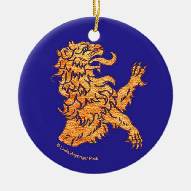 Lion on Blue Ceramic Ornament (Front)