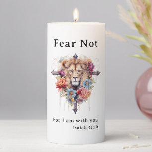 Lion On Cross Wild Flowers Fear Not Bible Verse Pillar Candle