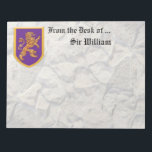 Lion on Purple Shield Notepad<br><div class="desc">Linda Baysinger Peck's painting of a gold,  heraldic,  rampant,  medieval lion,  on purple shield. Just add your own text,  to personalize.
Image © Linda Baysinger Peck All Rights Reserved</div>