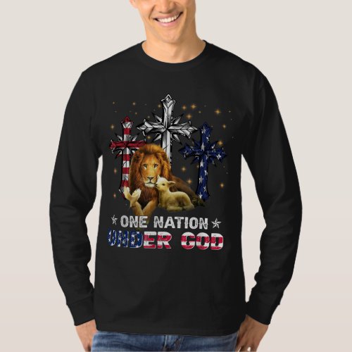 Lion One Nation Under God Cross American Flag 4th  T_Shirt