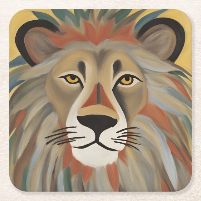 Lion Painting Square Paper Coaster (Front)