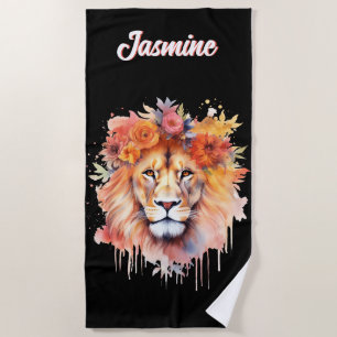 Lion Pastel Flowers Safari Watercolor Savannah Cat Beach Towel