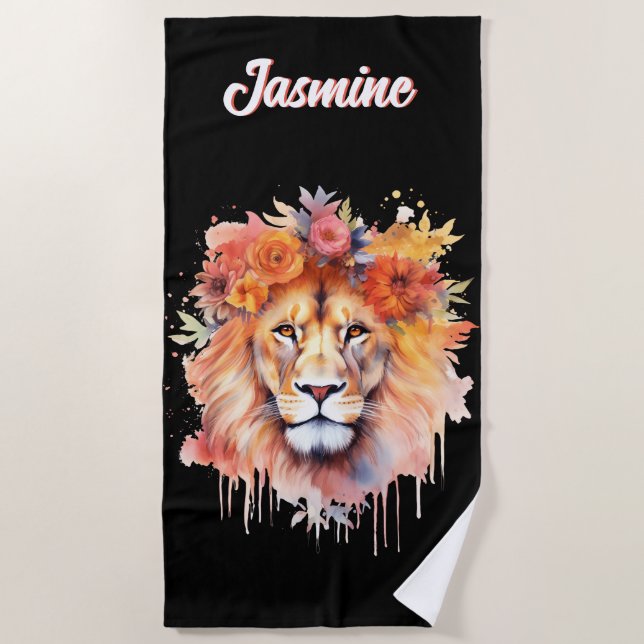 Lion Pastel Flowers Safari Watercolor Savannah Cat Beach Towel (Front)