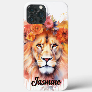 Lion Pastel Flowers Safari Watercolor Savannah Cat iPhone 13 Pro Max Case