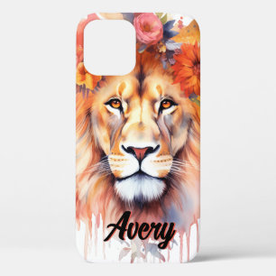 Lion Pastel Flowers Safari Watercolor Savannah Cat iPhone 12 Case