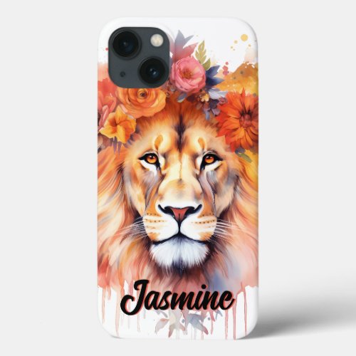 Lion Pastel Flowers Safari Watercolor Savannah Cat iPhone 13 Case