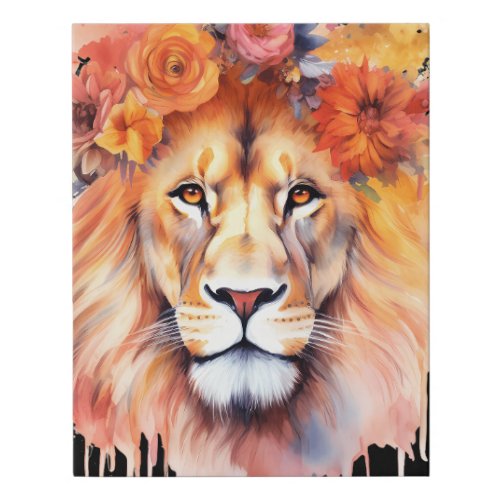 Lion Pastel Flowers Safari Watercolor Savannah Cat Faux Canvas Print