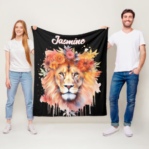 Lion Pastel Flowers Safari Watercolor Savannah Cat Fleece Blanket