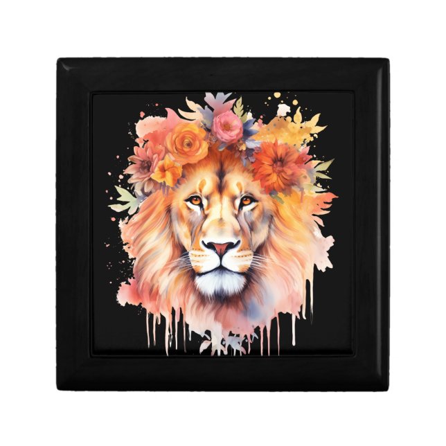 Lion Pastel Flowers Safari Watercolor Savannah Cat Gift Box (Front)
