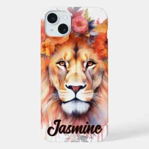 Lion Pastel Flowers Safari Watercolor Savannah Cat iPhone 15 Plus Case