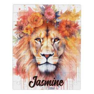 Lion Pastel Flowers Safari Watercolor Savannah Cat Jigsaw Puzzle