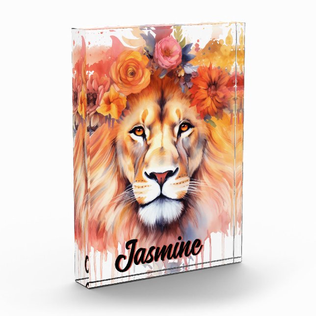 Lion Pastel Flowers Safari Watercolor Savannah Cat Photo Block (Left)