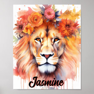 Lion Pastel Flowers Safari Watercolor Savannah Cat Poster
