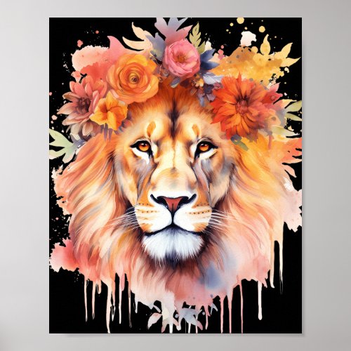 Lion Pastel Flowers Safari Watercolor Savannah Cat Poster