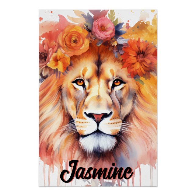 Lion Pastel Flowers Safari Watercolor Savannah Cat Poster (Front)